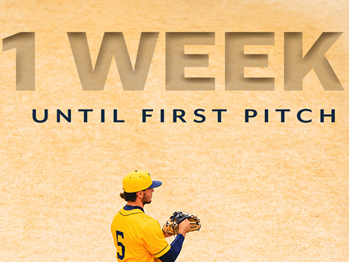 wvu baseball player under the text 1 week until first pitch